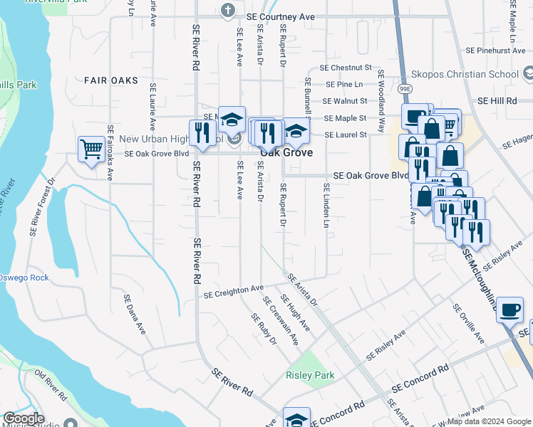 map of restaurants, bars, coffee shops, grocery stores, and more near 15026 Southeast Arista Drive in Milwaukie