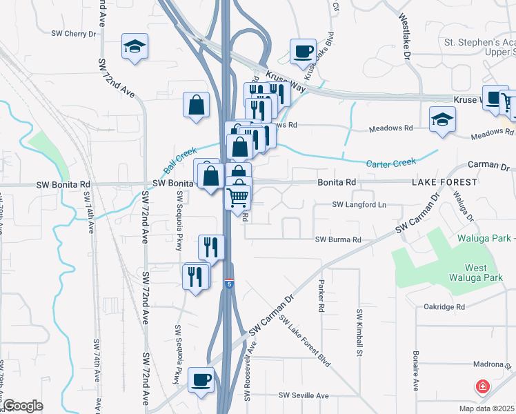 map of restaurants, bars, coffee shops, grocery stores, and more near 15422 Bangy Road in Lake Oswego