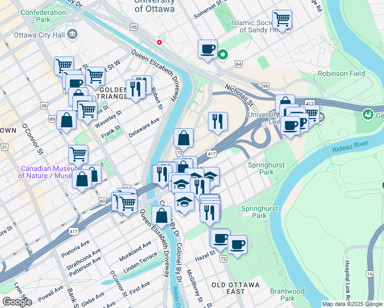 map of restaurants, bars, coffee shops, grocery stores, and more near in Ottawa