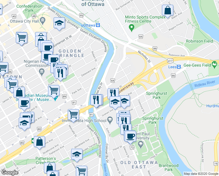 map of restaurants, bars, coffee shops, grocery stores, and more near in Ottawa