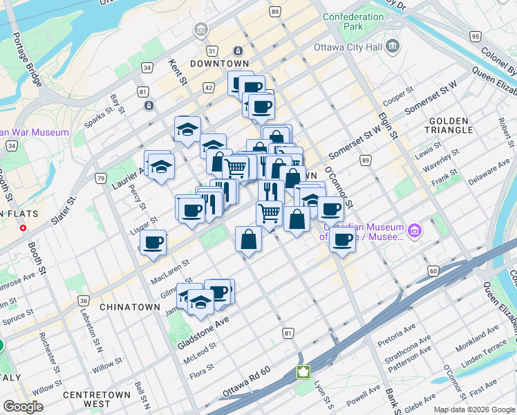 map of restaurants, bars, coffee shops, grocery stores, and more near 245 Kent Street in Ottawa