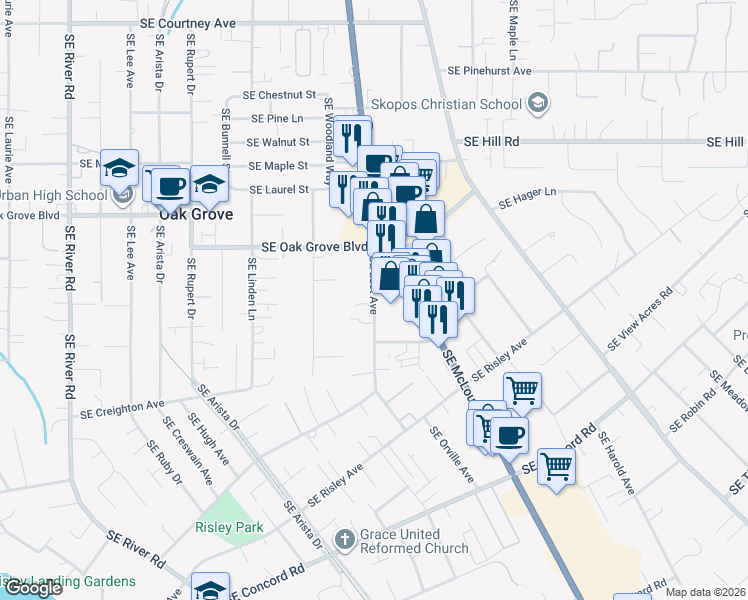 map of restaurants, bars, coffee shops, grocery stores, and more near 15065 Southeast East Avenue in Oak Grove