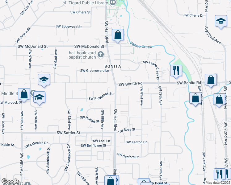 map of restaurants, bars, coffee shops, grocery stores, and more near 14737 Southwest Hall Boulevard in Tigard