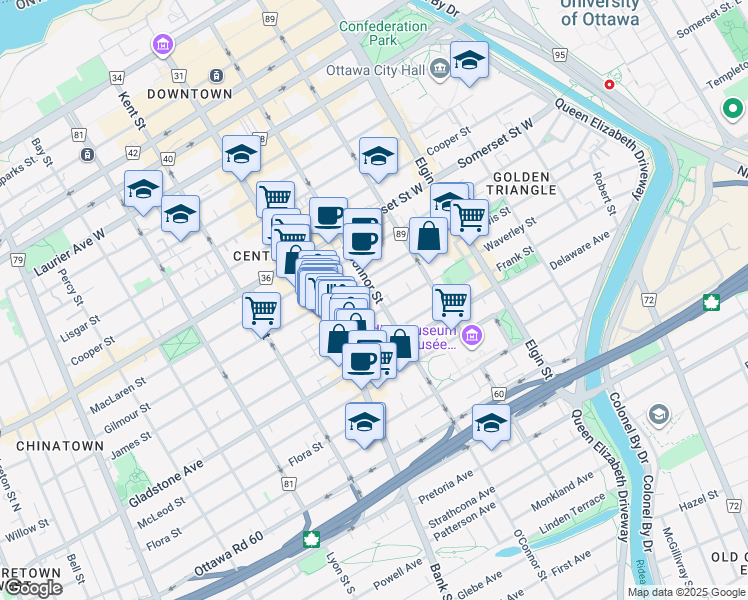 map of restaurants, bars, coffee shops, grocery stores, and more near in Ottawa
