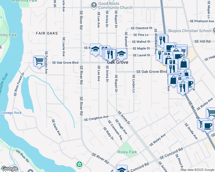 map of restaurants, bars, coffee shops, grocery stores, and more near 15026 Southeast Arista Drive in Milwaukie