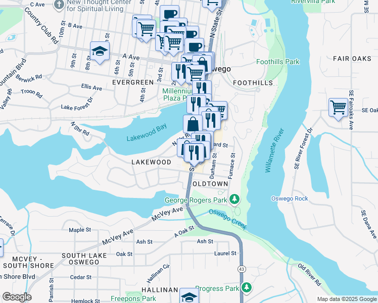 map of restaurants, bars, coffee shops, grocery stores, and more near 368 South State Street in Lake Oswego