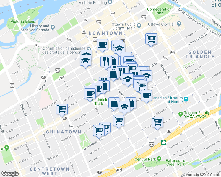 map of restaurants, bars, coffee shops, grocery stores, and more near in Ottawa