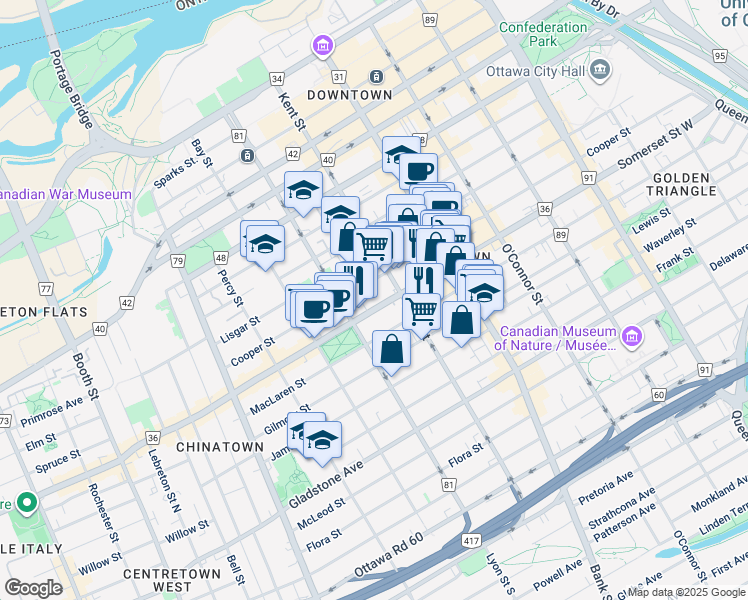 map of restaurants, bars, coffee shops, grocery stores, and more near in Ottawa