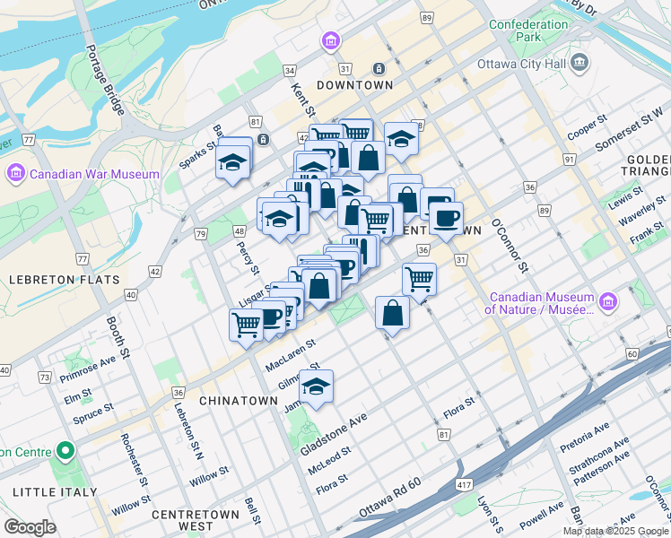 map of restaurants, bars, coffee shops, grocery stores, and more near 313 Bay Street in Ottawa