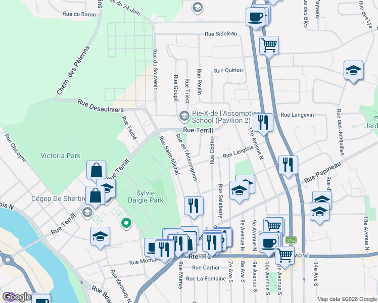 map of restaurants, bars, coffee shops, grocery stores, and more near 466 Rue de l'Assomption in Sherbrooke