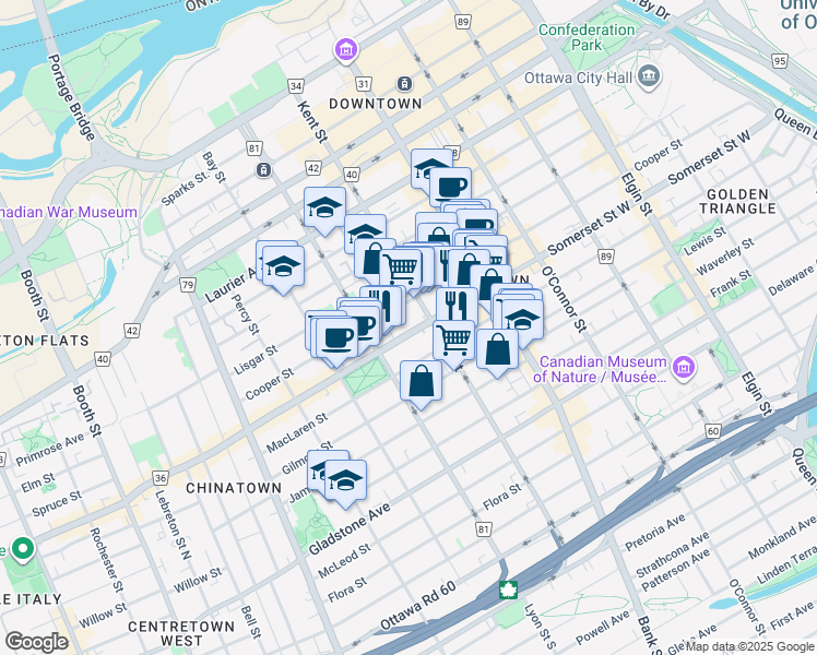 map of restaurants, bars, coffee shops, grocery stores, and more near in Ottawa