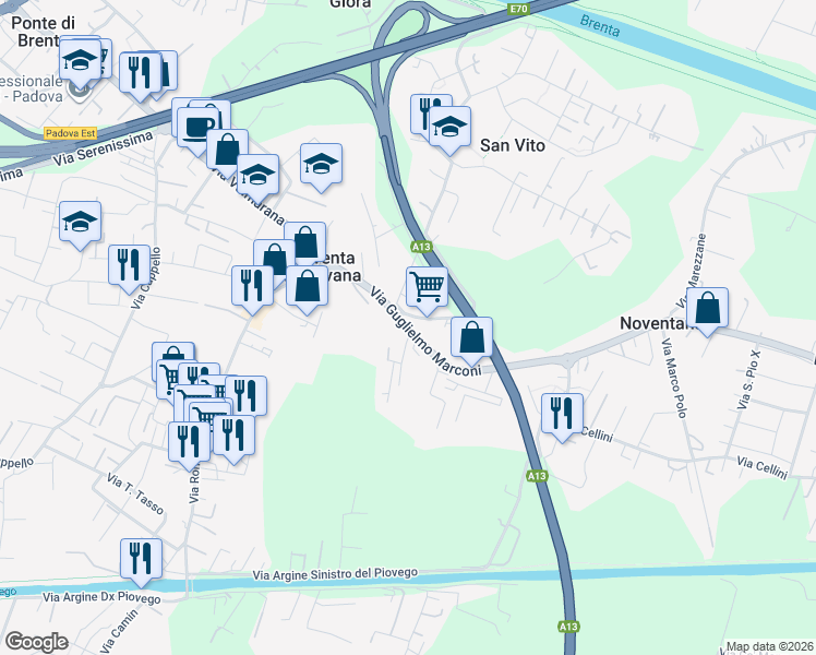 map of restaurants, bars, coffee shops, grocery stores, and more near 4 Via Guglielmo Marconi in Noventana
