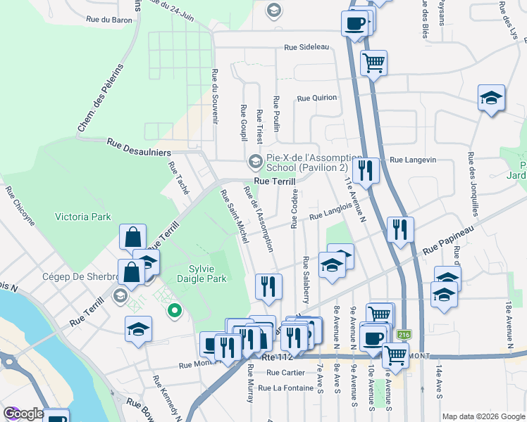 map of restaurants, bars, coffee shops, grocery stores, and more near 466 Rue de l'Assomption in Sherbrooke