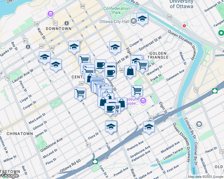 map of restaurants, bars, coffee shops, grocery stores, and more near 438 Lewis Street in Ottawa