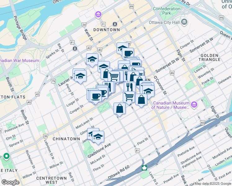 map of restaurants, bars, coffee shops, grocery stores, and more near 455 Somerset Street West in Ottawa