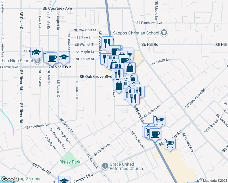 map of restaurants, bars, coffee shops, grocery stores, and more near 15065 Southeast East Avenue in Oak Grove