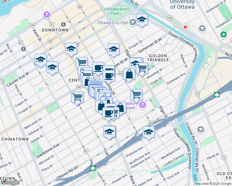 map of restaurants, bars, coffee shops, grocery stores, and more near 420 Lewis Street in Ottawa