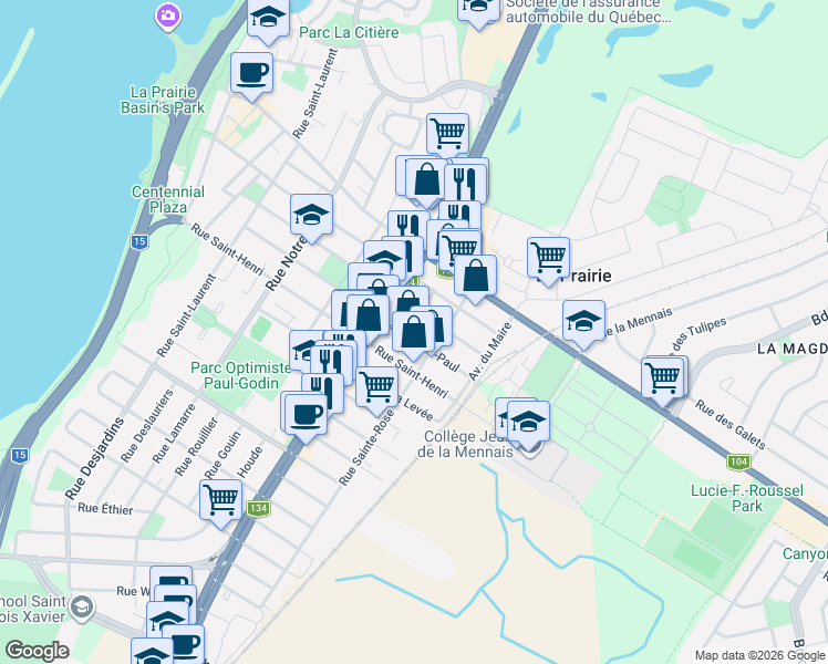 map of restaurants, bars, coffee shops, grocery stores, and more near 559 Rue Saint-Paul in La Prairie