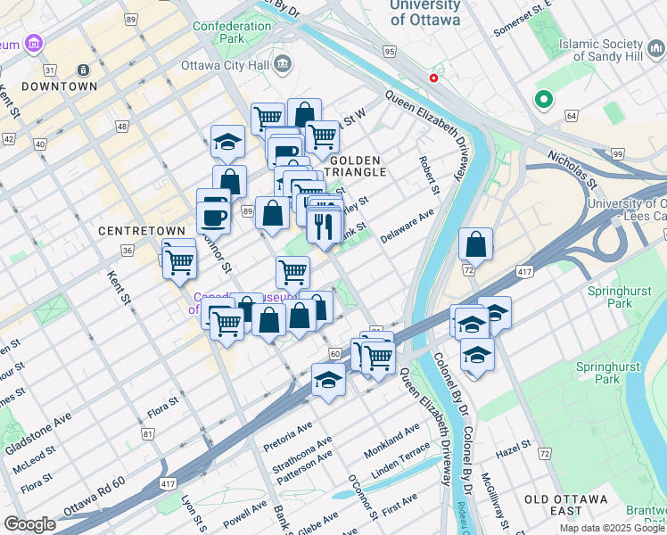 map of restaurants, bars, coffee shops, grocery stores, and more near 404 Elgin Street in Ottawa