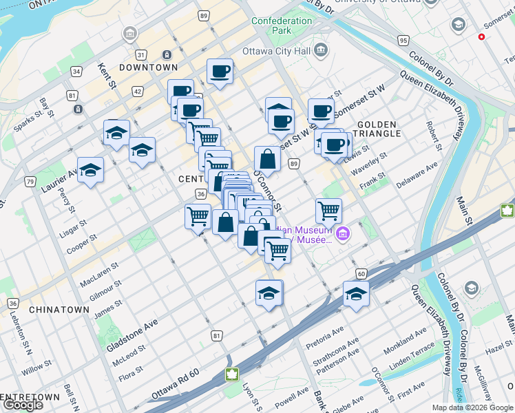 map of restaurants, bars, coffee shops, grocery stores, and more near 360 Gilmour Street in Ottawa