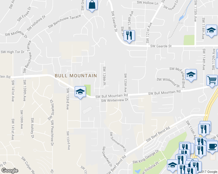 map of restaurants, bars, coffee shops, grocery stores, and more near 12722 Southwest Bugle Court in Tigard
