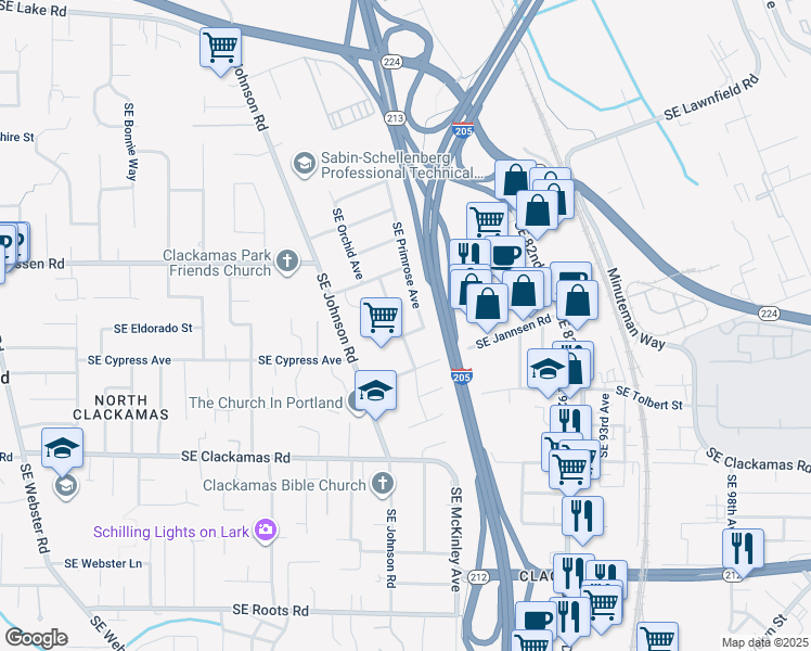map of restaurants, bars, coffee shops, grocery stores, and more near 15012 Southeast Orchid Avenue in Milwaukie