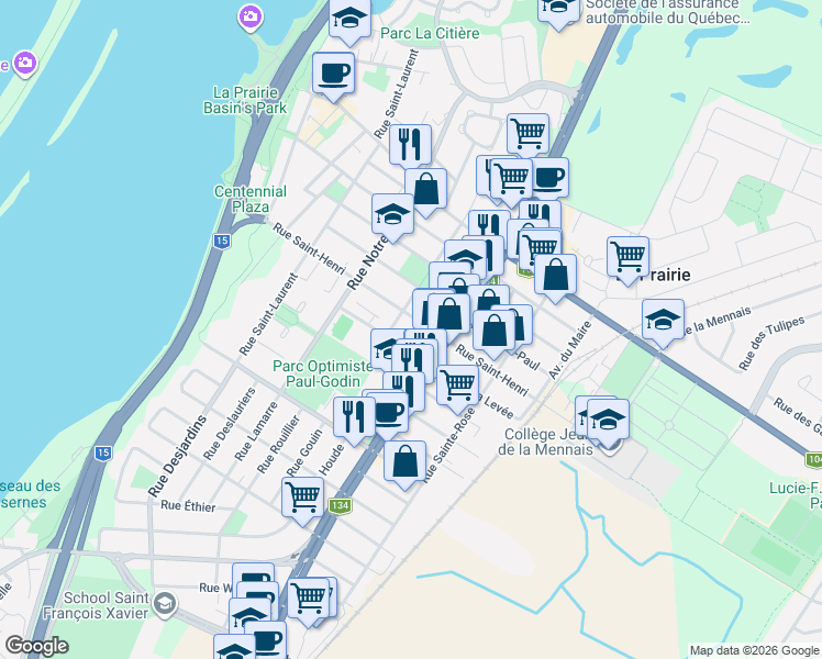 map of restaurants, bars, coffee shops, grocery stores, and more near 426 Rue Saint-Henri in La Prairie