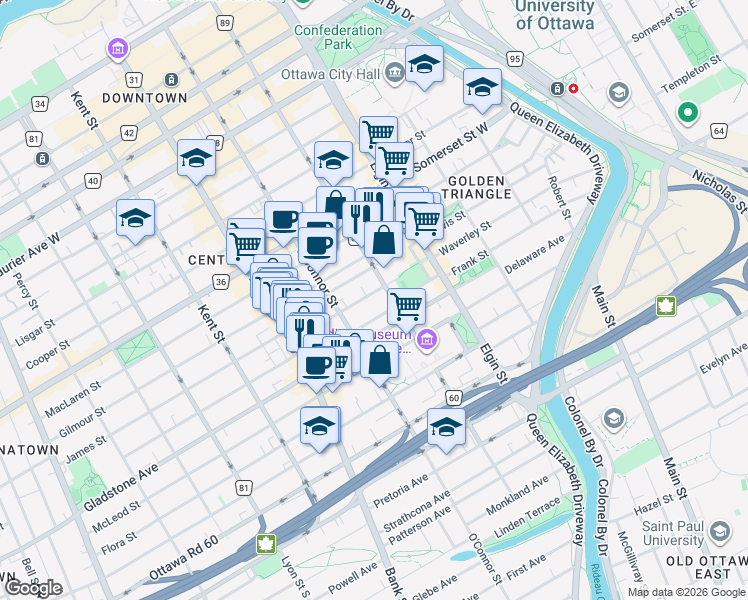 map of restaurants, bars, coffee shops, grocery stores, and more near 296 Waverley Street in Ottawa