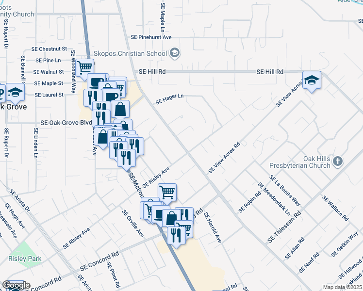 map of restaurants, bars, coffee shops, grocery stores, and more near 15007 Southeast Oatfield Road in Milwaukie