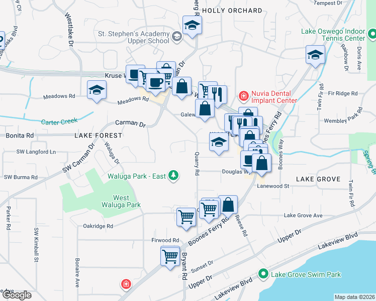 map of restaurants, bars, coffee shops, grocery stores, and more near 15474 Heritage Court in Lake Oswego