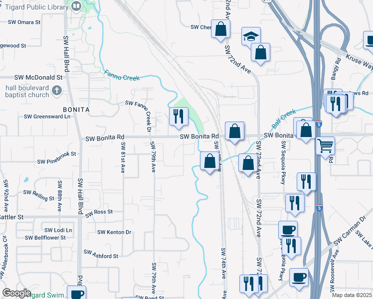 map of restaurants, bars, coffee shops, grocery stores, and more near 14680 Southwest 76th Avenue in Portland
