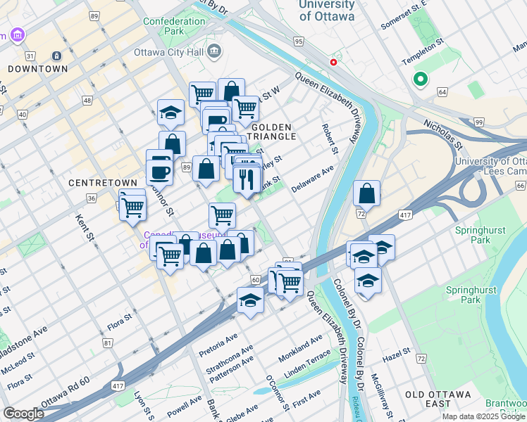 map of restaurants, bars, coffee shops, grocery stores, and more near in Ottawa