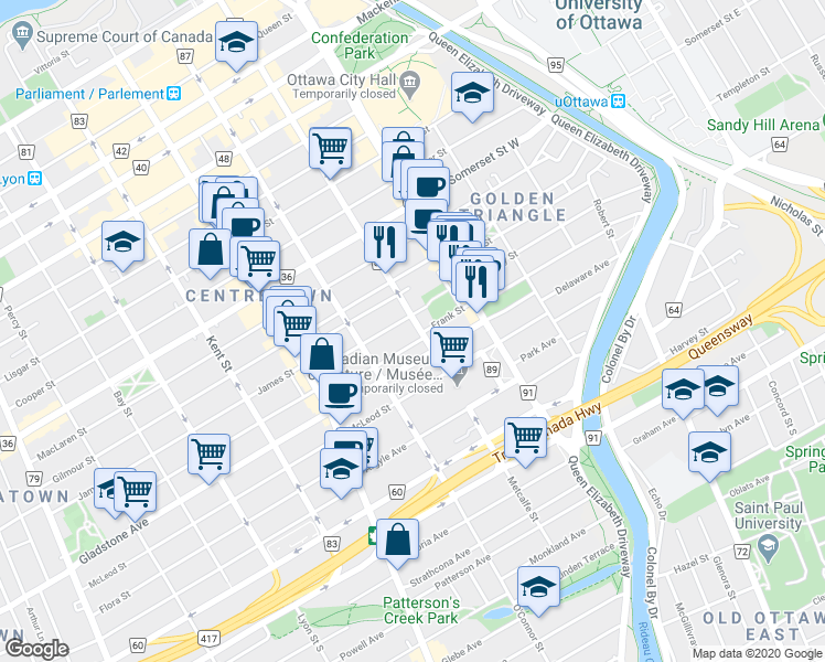map of restaurants, bars, coffee shops, grocery stores, and more near 330 Metcalfe Street in Ottawa