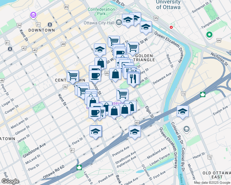 map of restaurants, bars, coffee shops, grocery stores, and more near 330 Metcalfe Street in Ottawa