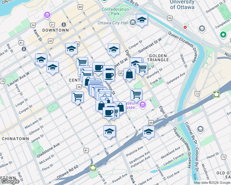 map of restaurants, bars, coffee shops, grocery stores, and more near in Ottawa