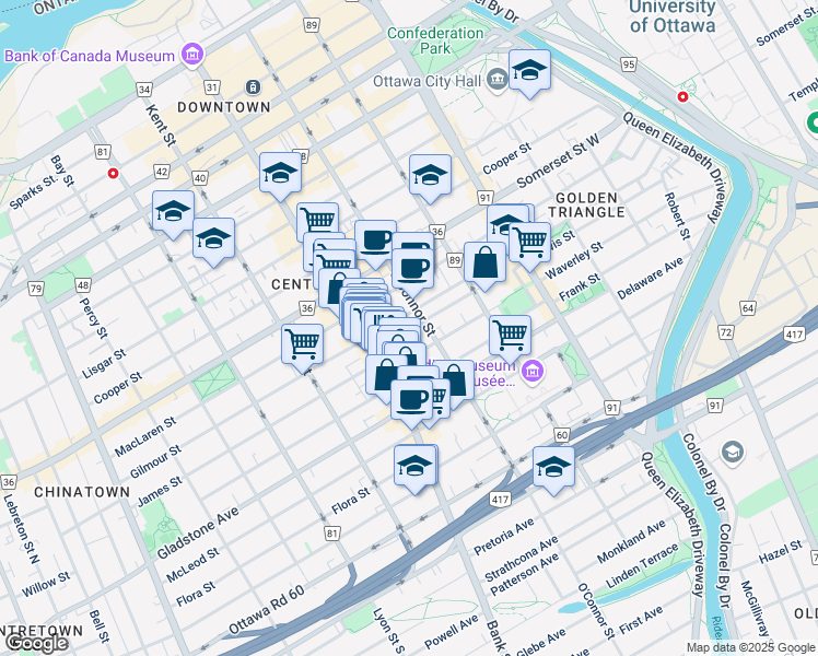 map of restaurants, bars, coffee shops, grocery stores, and more near in Ottawa