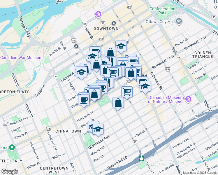 map of restaurants, bars, coffee shops, grocery stores, and more near in Ottawa