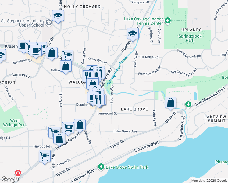 map of restaurants, bars, coffee shops, grocery stores, and more near 15468 Boones Way in Lake Oswego