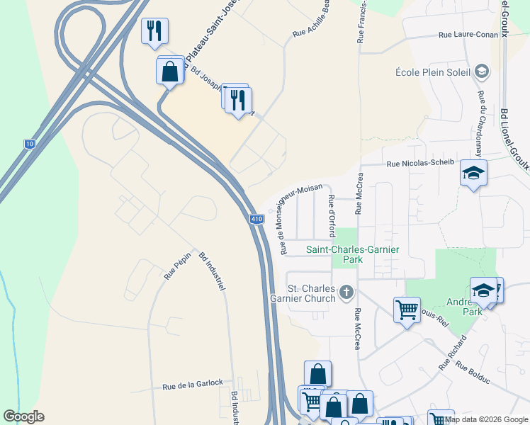 map of restaurants, bars, coffee shops, grocery stores, and more near 3998 Place de Monseigneur-Moisan in Sherbrooke