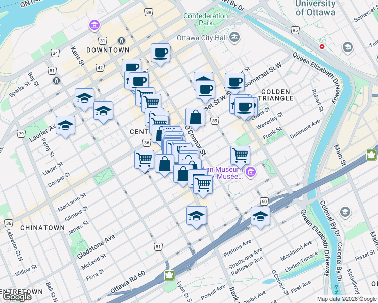 map of restaurants, bars, coffee shops, grocery stores, and more near 356 Gilmour Street in Ottawa
