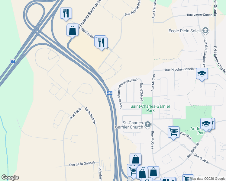 map of restaurants, bars, coffee shops, grocery stores, and more near 3998 Place de Monseigneur-Moisan in Sherbrooke