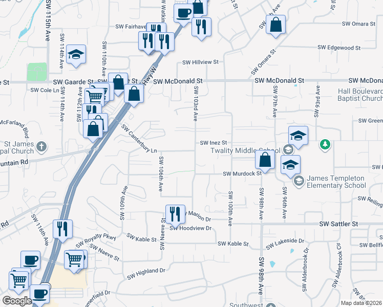 map of restaurants, bars, coffee shops, grocery stores, and more near 14601 Southwest 103rd Avenue in Tigard