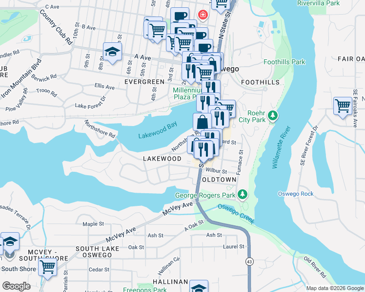 map of restaurants, bars, coffee shops, grocery stores, and more near 214 Northshore Road in Lake Oswego
