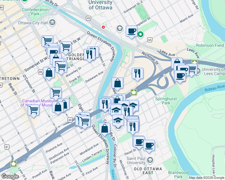 map of restaurants, bars, coffee shops, grocery stores, and more near 10 Main Street in Ottawa