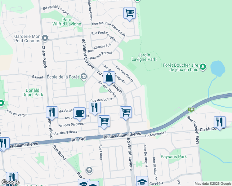 map of restaurants, bars, coffee shops, grocery stores, and more near 83 Avenue des Trèfles in Gatineau