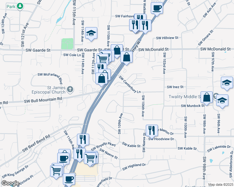 map of restaurants, bars, coffee shops, grocery stores, and more near Southwest Annand Hill Court in Tigard