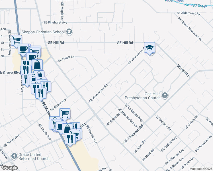 map of restaurants, bars, coffee shops, grocery stores, and more near 4107 Southeast View Acres Road in Milwaukie