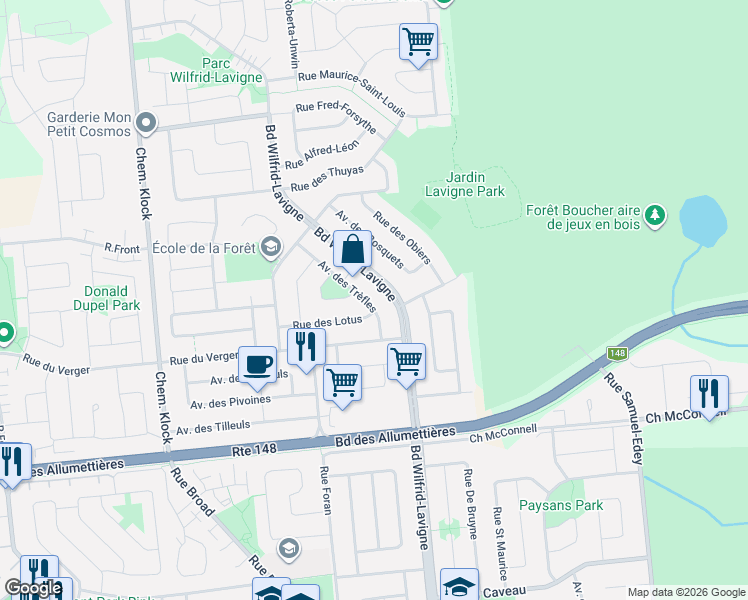 map of restaurants, bars, coffee shops, grocery stores, and more near 83 Avenue des Trèfles in Gatineau