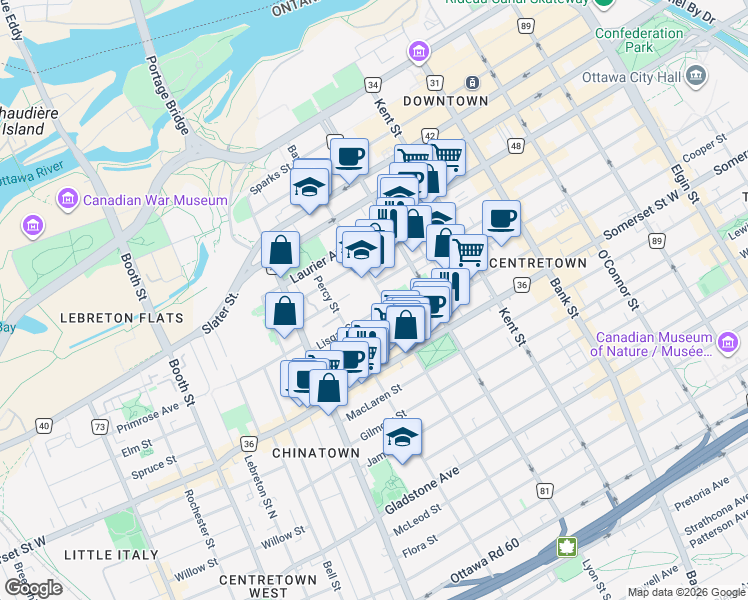 map of restaurants, bars, coffee shops, grocery stores, and more near 525 Lisgar Street in Ottawa