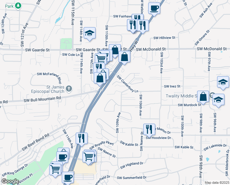 map of restaurants, bars, coffee shops, grocery stores, and more near Southwest Annand Hill Court in Tigard